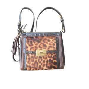 Brahmin Leopard Hair Calf Bronw Crossbody Bag  Black Croc Embossed Trim designer